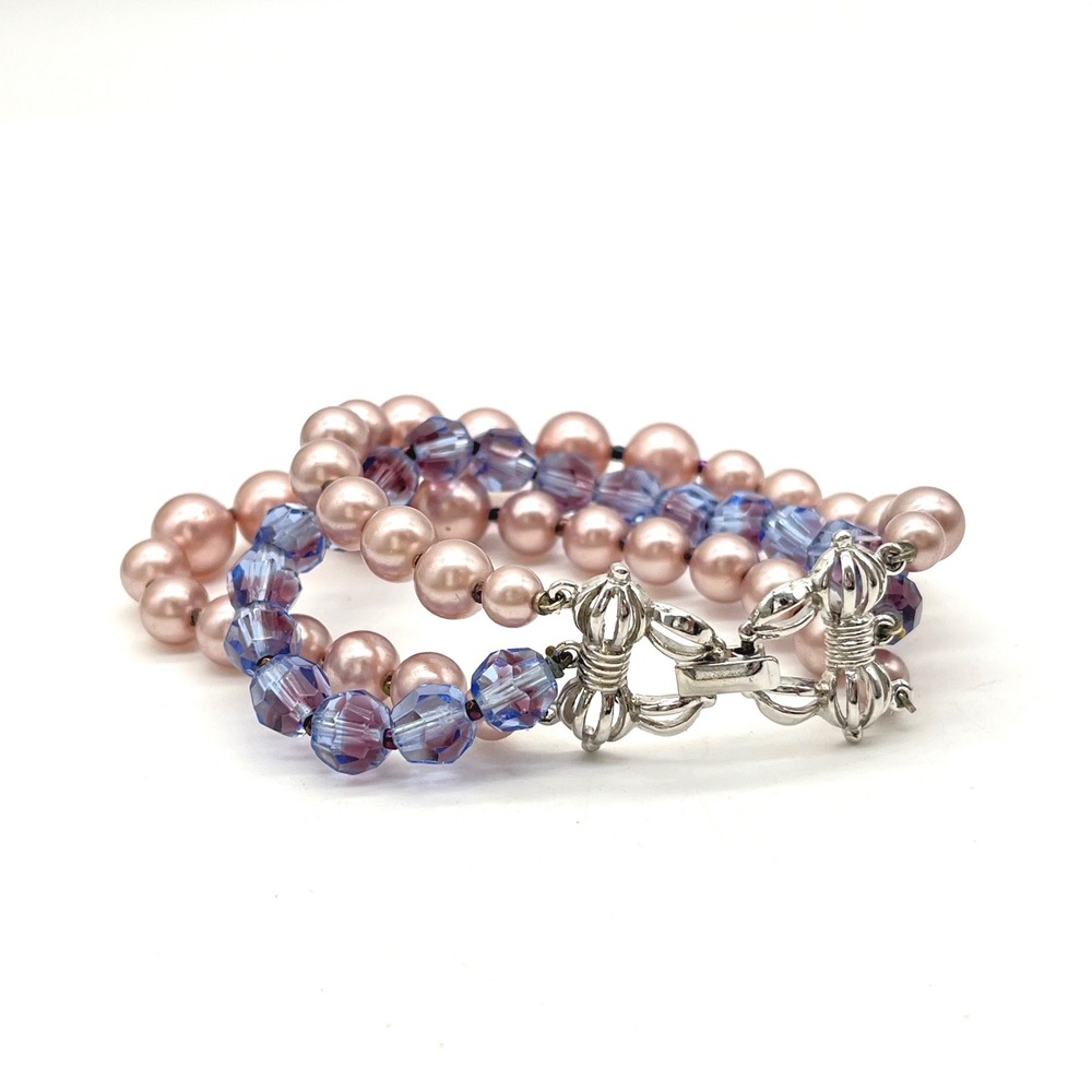 Marvella Vintage Triple Strand Faux Pearl Lavender‎ Crystal Bracelet Silver Tone